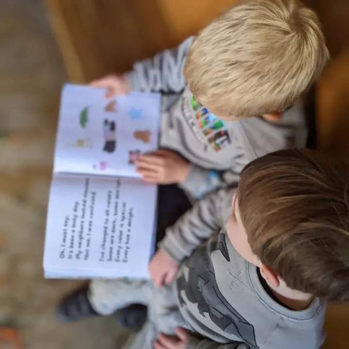 Two brothers reading Panda and the Magic Soap together